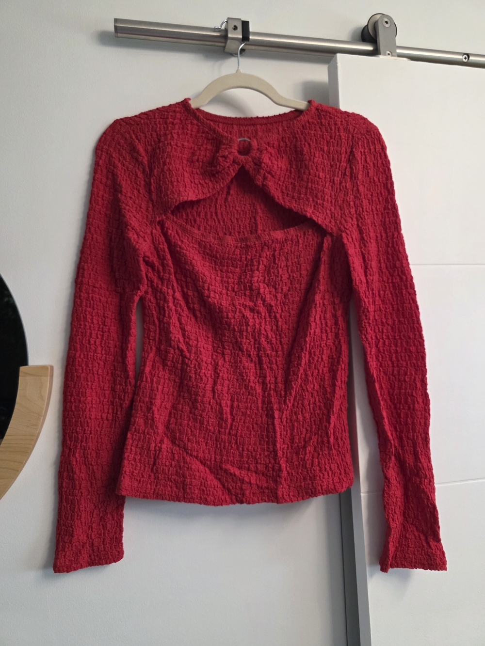 Commense Red Textured Long-Sleeve Top with Front Cutout